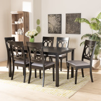 Baxton Studio RH333C-Grey/Dark Brown-7PC Dining Set Lucie Modern and Contemporary Grey Fabric Upholstered and Dark Brown Finished Wood 7-Piece Dining Set